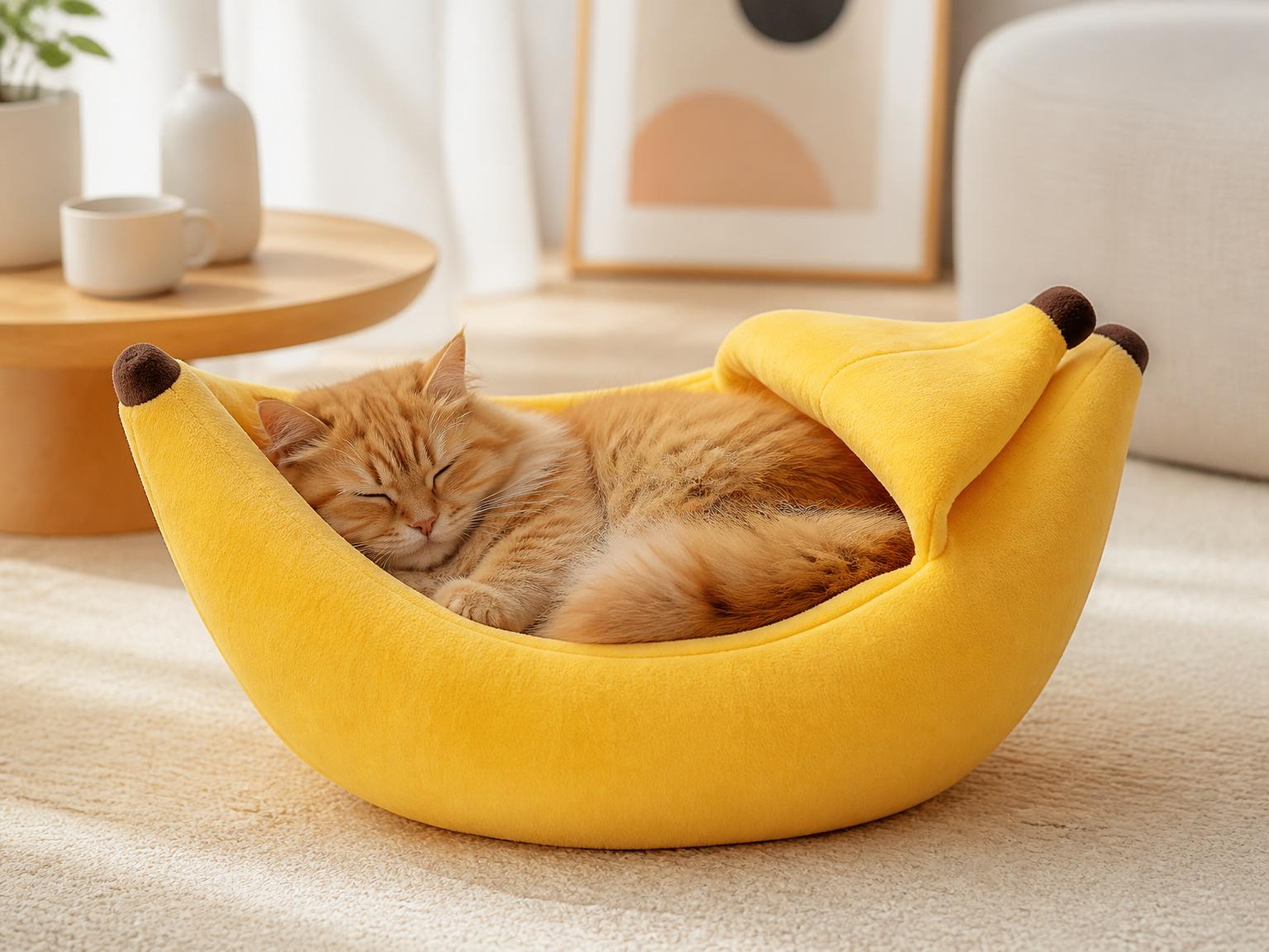 Ginger cat sleeping inside a yellow banana cat bed